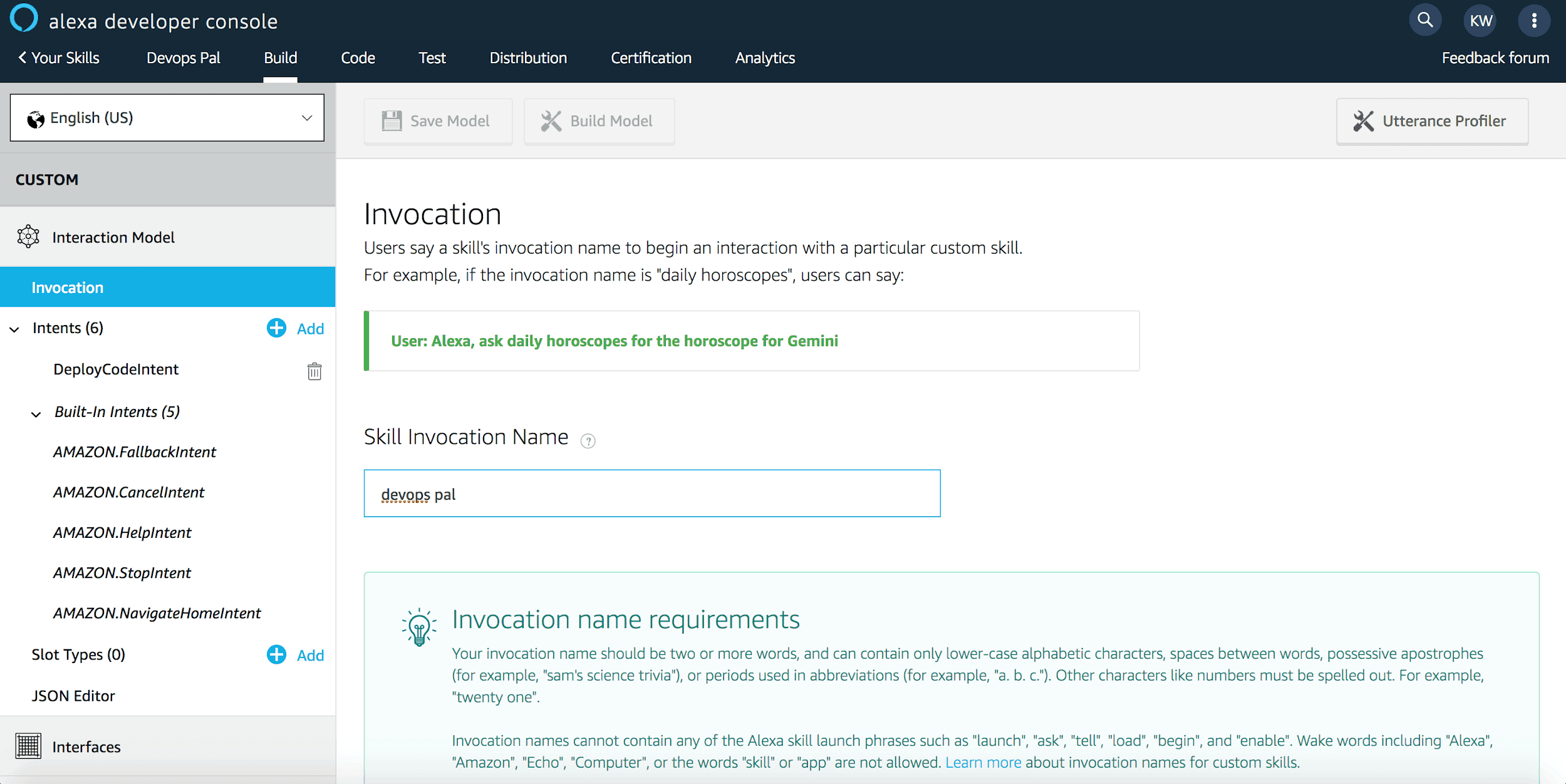 Invocation Name Setup Via Alexa Developer Console