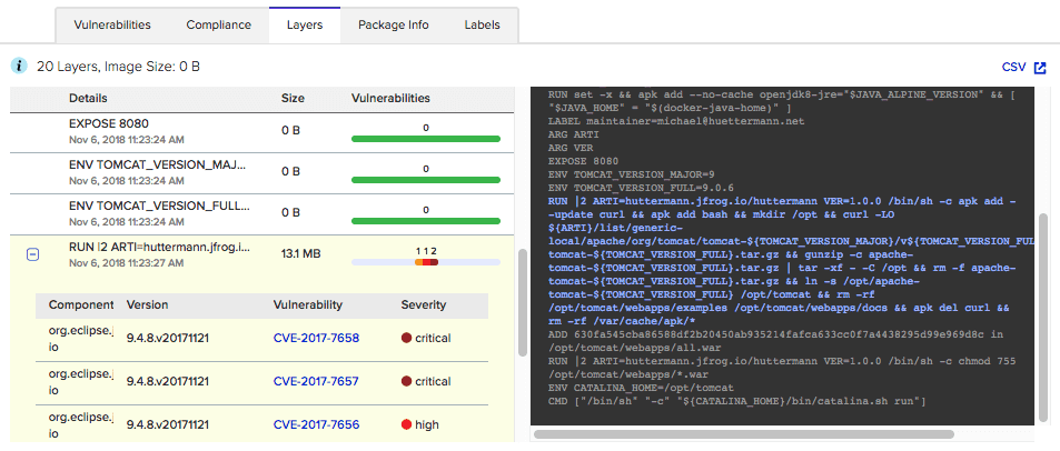 Twistlock recursively inspects embedded binaries auch as the WAR with its libraries. Here the wizard is expanded showing all vulnerabilities of this layer. On the right side, we can move over the different sections of our Dockerfile. 04